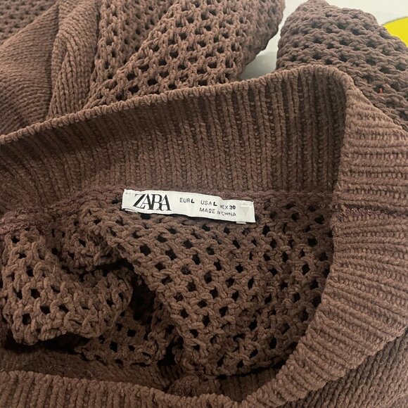 Zara Chocolate Brown Knit Sweater Dress Pointelle Balloon Sleeve Mini Size L - Picture 10 of 11